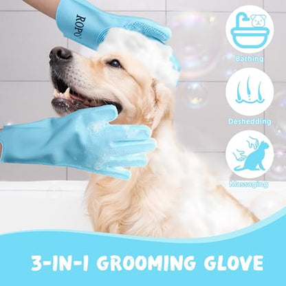 ROPO silicone gloves for pet grooming, multi-functional gloves for pet hair shedding, bathing, and massage (Blue) - color: Blue