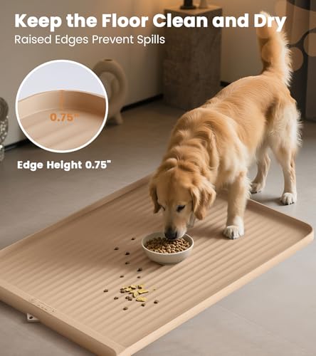 Dog Food Mat 36"x24", Waterproof Pet Feeding Mat with Diversion Grooves and Raised Edges, Large Non-Slip Dog Bowl Mat for Food and Water, Cat Food Mat for Floors, Easy to Clean, Khaki - color: Khaki