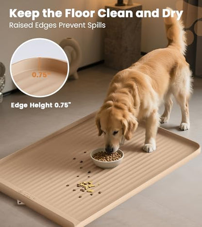 Dog Food Mat 36"x24", Waterproof Pet Feeding Mat with Diversion Grooves and Raised Edges, Large Non-Slip Dog Bowl Mat for Food and Water, Cat Food Mat for Floors, Easy to Clean, Khaki - color: Khaki