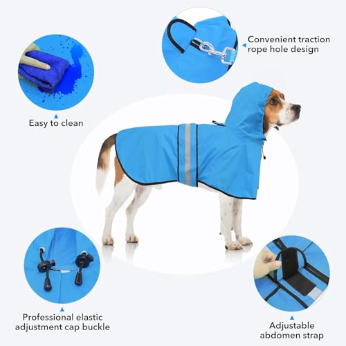Waterproof Reflective Dog Rain Coat - Adjustable Puppy Rain Jacket Poncho, Lightweight Dog Hooded Pet Raincoat for Small to X- Large Dogs and Puppies (Blue, Medium) - color: Blue, size: Medium