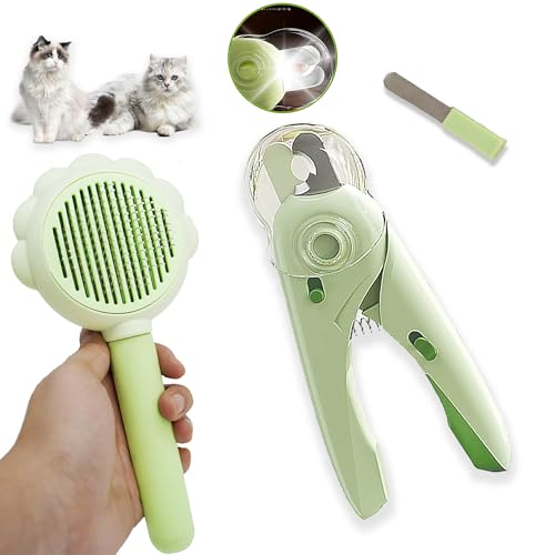 Self Cleaning Cat Brush for Shedding, LED Light Nail Clipper, Nail Clipper and Nail File, Slicker Brushes and Nail Trimmer for Long Haired Cats, Grooming Kit, Cat Lover Gifts - color: Green