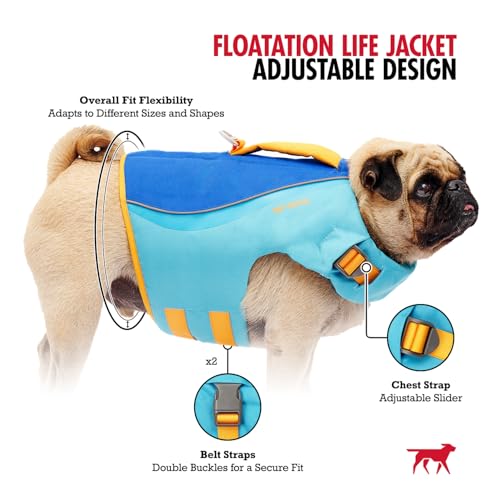 Tuff Pupper Dog Life Jacket | High Buoyancy Dog Swim Vest with Rescue Handle | Adjustable Secure Fit | Reflective Safety Trim | Pet Flotation Jacket for Swimming Boating Kayaking (Blue/Yellow, XXS) - size: XX-Small