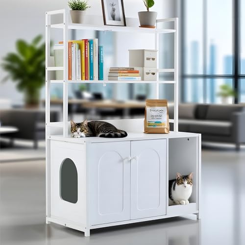 Garvee Cat Litter Box Enclosure with Shelves, 52'' Large Hidden Cats Furniture for Most Litter Box, Wood Enclosed Dog Proof Cat Kitty Cabinet with Scratch Mat White - color: White-1