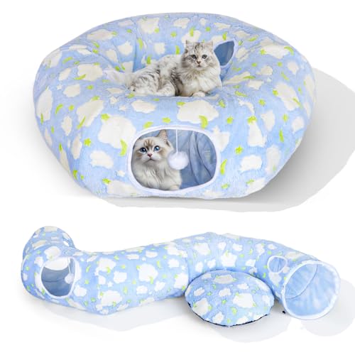 Cat Tunnel Bed, Foldable Cat Donut Tunnel with Removable Cushion, Toy Ball & Social Windows, Stress Relief Fun, Round Pet Play Tunnel for Indoor Cats, Kittens and Small Pets (3D Cloud Pattern)