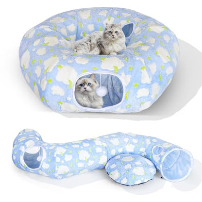Cat Tunnel Bed, Foldable Cat Donut Tunnel with Removable Cushion, Toy Ball & Social Windows, Stress Relief Fun, Round Pet Play Tunnel for Indoor Cats, Kittens and Small Pets (3D Cloud Pattern)