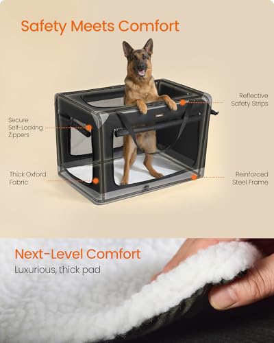 Feandrea Collapsible Dog Crate, Portable Oxford Fabric Pet Travel Crate with 4 Mesh Doors, Handles, Pocket, 42 Inches, for Large Dogs, Ink Black and Dove Gray UPDC031BH01 - size: XXL (42"L x 28"W x 28"H)