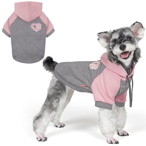 KYEESE Dog Hoodie Stretchy Dog Clothes for Small Dogs Comfort Cat Sweater Soft Pet Sweatshirt with Drawstring Cat Coat with Leash Hole Dogs Winter Coat for Cold Weather Warm Pet Clothes - color: 1#Grey Pink, size: Small (6-9lbs)
