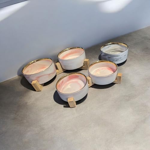 Ceramic Pet Bowl (Marble Design) Set of 2 with Stand, 2 Cups and 4 Cups Capacity (Marble Grey, Gold Rim 950 ML (4 Cups) Medium) - color: 3. M-Marble grey gold, Medium, 4 Cups per bowl