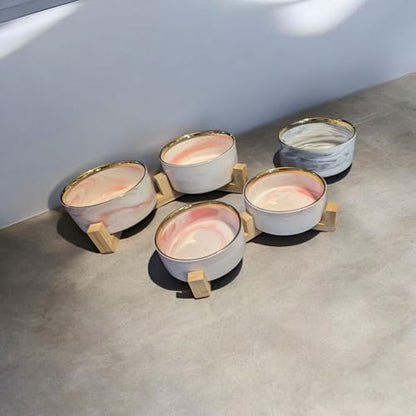 Ceramic Pet Bowl (Marble Design) Set of 2 with Stand, 2 Cups and 4 Cups Capacity (Marble Grey, Gold Rim 950 ML (4 Cups) Medium) - color: 3. M-Marble grey gold, Medium, 4 Cups per bowl