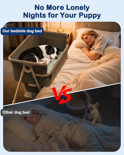 Bedside Dog Bed for Medium & Large Dogs, 4-Height Adjustable Pet Bassinet, Elevated Side-Sleeper Extension for High Human Bed, Washable Large Dog Couch with Auto-Braking Wheels(for Dogs Up to 77 lbs) - size: X-Large