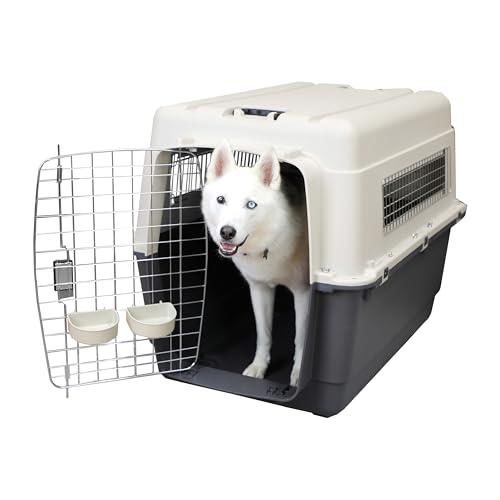 SportPet Airline Compliant XX-LARGE 39" Travel Dog Kennel-Durable Plastic Airline Pet Carrier w/ Removable Wheels & Food Bowls, Collapsible Indoor/Outdoor Dog Kennel, Dogs up to 36"L & 27"H-Cream/Gray - color: Cream/Gray, size: 39.0"L x 27.0"W x 30.0"H