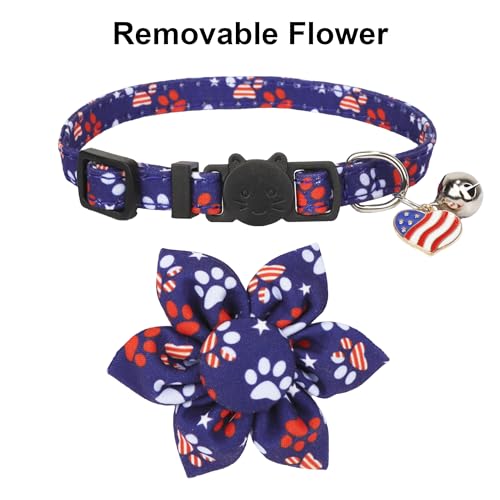 ADOGGYGO American Flag Cat Collars with Removable Flower Bell, Adjustable Red Blue 4th of July Flag Pattern Floral Collars for Cats Kittens - color: 4th of July