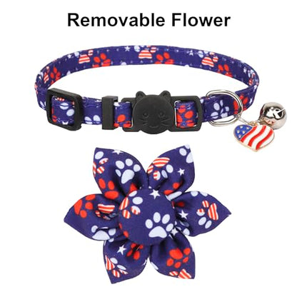 ADOGGYGO American Flag Cat Collars with Removable Flower Bell, Adjustable Red Blue 4th of July Flag Pattern Floral Collars for Cats Kittens - color: 4th of July