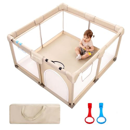 Joypony Baby Playpen, 50x50 in Small Play Pen for Babies and Toddlers, Playpen for Kids with Gate, Indoors Play Yard with Soft Breathable Mesh (Beige) - color: Beige