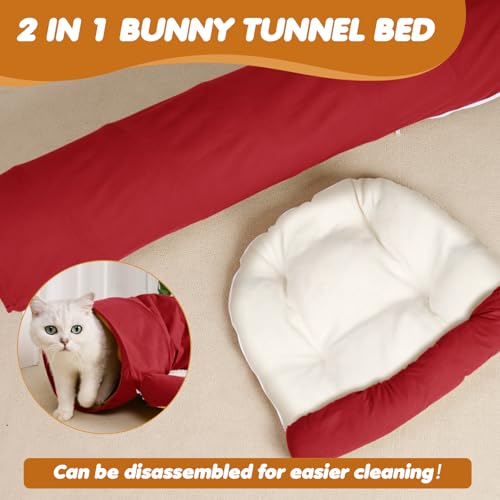 Spardar Bunny Tunnel Bed, 2-in-1 Collapsible Tunnel Tubes Toys, Washable, with Removable Mat Hideout, Interactive Toys for Rabbits Chinchilla Hedgehog Guinea Pigs Kitty, Red - color: Red
