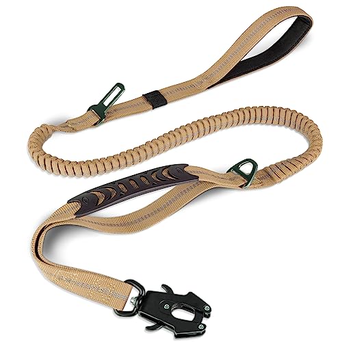 Joytale Tactical Dog Leash Heavy Duty, 4-6FT Shock Absorbing Bungee Lead with 2 Padded Handle, Metal Carabiner Clip, Car Seatbelt, Strong No Pull Leash for Medium Large X-Large Dogs, Coyote Brown - color: Coyote Brown