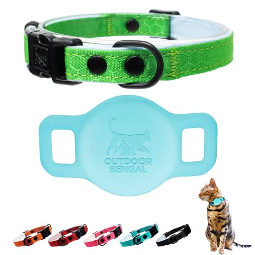 OutdoorBengal Breakaway Cat Collar + Airtag Holder, No Bell - Compatible Silicone Case, Breakaway Airtag Cat Collar for Apple Air Tag - Waterproof Tracking Collars for Boy, Girl, Cats, Kittens (Green) - color: Monstera Green