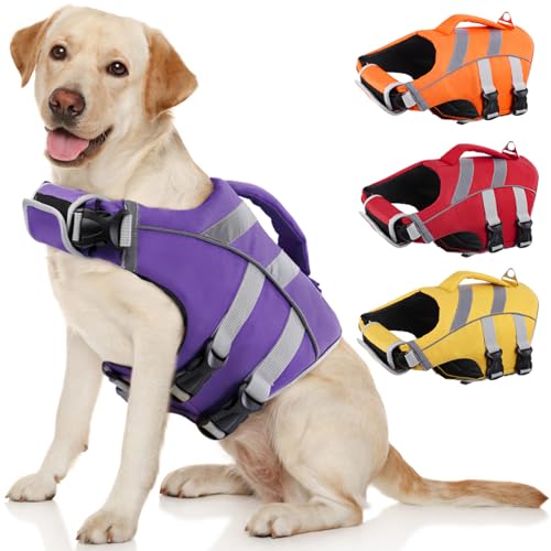 Kuoser Dog Life Jacket with Reflective Stripes, Dog Life Vest for Swimming Boating, Adjustable Pet Lifejackets with High Flotation, Doggie Swimsuit for Small Medium Large Dogs - color: 3#Purple, size: Xs (Chest Girth:12.9-18.1'')
