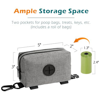 Dog Poop Bag Holder, Portable Pet Waste Bag Dispenser, 2 Pouches for Treats and Walking Accessories, Fit All Leashes, Includes 1 Roll of Dog Poop Bags (Grey) - color: Grey