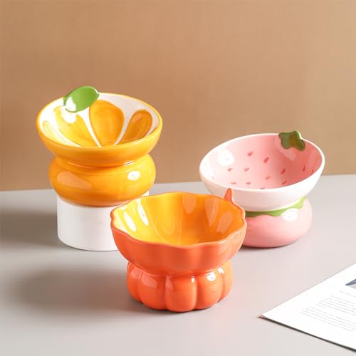 Ceramic Raised Cat Bowl - Pink Elevated Food Bowl for Indoor Cats, Anti-Vomiting & Spine Protection, Cute Tilted Dish for Flat-Faced Cats and Kittens (Strawberry Shaped) - color: Pink