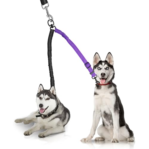 YAODHAOD Double Dog Leash,Two Dog Leash Splitter, No Tangle 360° Swivel Rotation Reflective Lead, Adjustable Length Bungee Heavy Duty Walking Training Dual Extension (Black + Purple) - color: Black + Purple