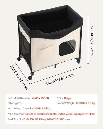 VEVOR Bedside Lounge Pet Bed, Foldable Bunk Dog Bed with 600D Oxford Cloth and Dutch Velvet, Portable Raised Cot with Wheels, Side Storage Bags, and Carry Bag for Cats & Dogs, L, Beige - size: L