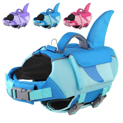 Dog Life Jacket Shark– High Flotation Dog Life Vest with Reflective Stripes, Pet Swimming Vest with Rescue Handle for Small Medium and Large Dogs, Suitable for Swimming & Boating – Blue, XS - color: Blue, size: X-small
