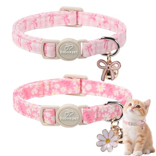 2 Pack Pink Cat Collars - Cute Bow & Daisy Breakaway Cat Collar with Bell & Matching Pendant, Soft Adjustable Spring Summer Girly Kitten Collars for Girl Cats - color: Pink Bow&Daisy