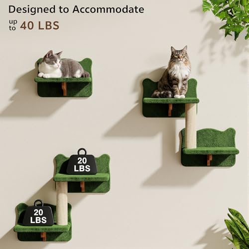 16-in-1 Cat Wall Shelves, Wall Mounted Cats Furniture Set w/Plush Fabric, Cat Climbing Systems, Cats Shelf with 40''L Tunnel, Condos, House, Steps, Bridge Ladder & Scratching Post, Green - color: Green, size: 16-in-1