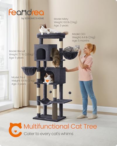 Feandrea Cat Tree, 69-Inch Tall Cat Tower, Multi-Level Plush Condo with 2 Caves, 2 Baskets, 5 Scratching Posts, Self-Groomer, Perch, Hammock, Dark Gray UPCT182G02 - color: Dark Gray