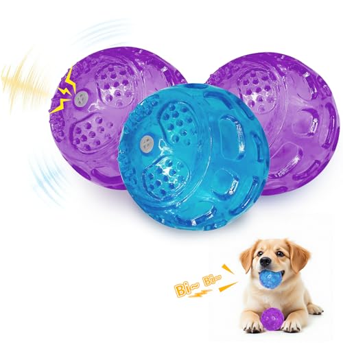 RICHIE Ultra Durable Squeaky Dog Balls 3 Inch for Large Medium Dogs, Tough Chew Toys for Aggressive Chewers, Floating Fetch Balls for Pool Play, Teeth Cleaning Dog Toys 3 Pack Purple + Purple + Blue - color: Purple + Purple + Blue
