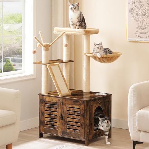 HOOBRO Cat Tree with Litter Box Enclosure, 44" Tall Wooden Cat Tower with Scratching Posts, Cat Hammock, Hidden Litter Box Furniture, All-in-One Indoor Cat Condo, Rustic Brown FG48MZ03 - color: Rustic Brown
