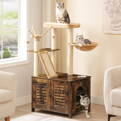 HOOBRO Cat Tree with Litter Box Enclosure, 44" Tall Wooden Cat Tower with Scratching Posts, Cat Hammock, Hidden Litter Box Furniture, All-in-One Indoor Cat Condo, Rustic Brown FG48MZ03 - color: Rustic Brown