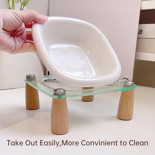 Elevated Cat Bowl and Dog Bowl, Ceramic Raised Pet Bowl with Acrylic & Wood Stand, Non-Slip, 13.5 OZ, for Cats & Small Dogs