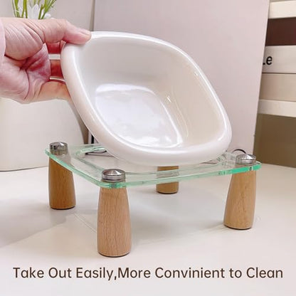 Elevated Cat Bowl and Dog Bowl, Ceramic Raised Pet Bowl with Acrylic & Wood Stand, Non-Slip, 13.5 OZ, for Cats & Small Dogs