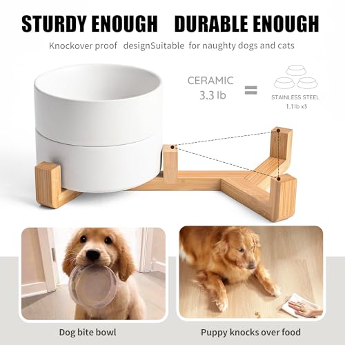 Mowtanco White Ceramic Dog & Cat Bowl Set – 13.5 OZ with Wooden Stand, Non-Slip, Elevated Design for Small Dogs & Cats – 2 Bowls (Food & Water, Ceramic Pet Bowls, Modern Dog Bowls) - color: White × 2