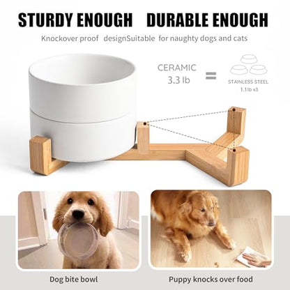 Mowtanco White Ceramic Dog & Cat Bowl Set – 13.5 OZ with Wooden Stand, Non-Slip, Elevated Design for Small Dogs & Cats – 2 Bowls (Food & Water, Ceramic Pet Bowls, Modern Dog Bowls) - color: White × 2