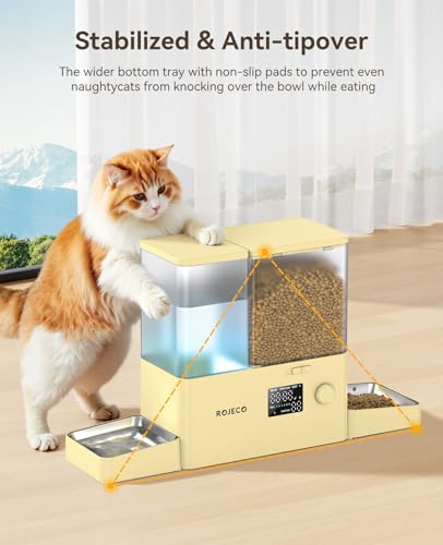 Rojeco 36Cups/8.5L Pet Automatic Cat Feeder and Gravity Water Dispenser,Stainless Steel Bowls 2-in-1 Set Large Capacity 5L Food Feeder and 3.5L Water Fountain for Cats,Pets,Small Dogs,Yellow - color: Yellow, size: 8.5L-Standard