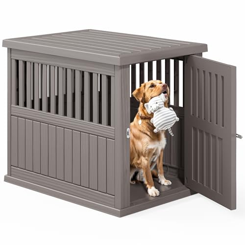 40-Inch Heavy Duty Dog Crate Furniture Lockable Indoor Outdoor Kennel & End Table for Small/Large Dogs Decorative Plastic Pet Cage in Grey - color: Grey, size: 39.4"L x 28.4"W x 32.6"H