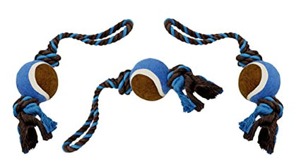 Dog Rope Toy with Tennis Ball (11”) – Strong Tug Toys for Dogs for Interactive Play & Bonding – Non-Abrasive Felt Dog Tennis Balls w/Rope for Puppies & Moderate Chewers – 3-Pack Blue - size: 3 set Rope Dog Toy Blue Ball