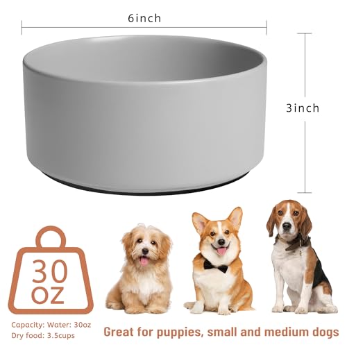 Ceramic Dog Bowls, Non Slip Dog Food and Water Bowl with Silicone Base, Heavy Duty Feeding Bowl for Small and Medium Dogs (Grey, 6 Inches) - color: Grey, size: 6 Inches