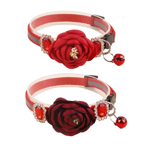 2 Pack Cat Collar Pink Floral with Bell and Removable Flower Bowtie Breakaway Adjustable Cat Collar for Girl Kitten Puppy Small Cats Dogs Daily Decoration (XQ9-4) (XQ9-1) - color: XQ9-1