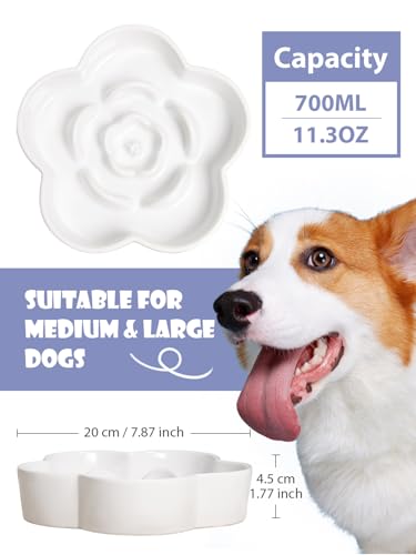 Ceramic Slow Feeder Dog/Cat Bowl, Anti-Choking Slow Food Bowls, 8" 11.3oz Slow Feeder for Medium, Large Breeds, Plum Puzzle Design, Non-Slip Silicone, Dishwasher and Microwave Safe, White - color: White