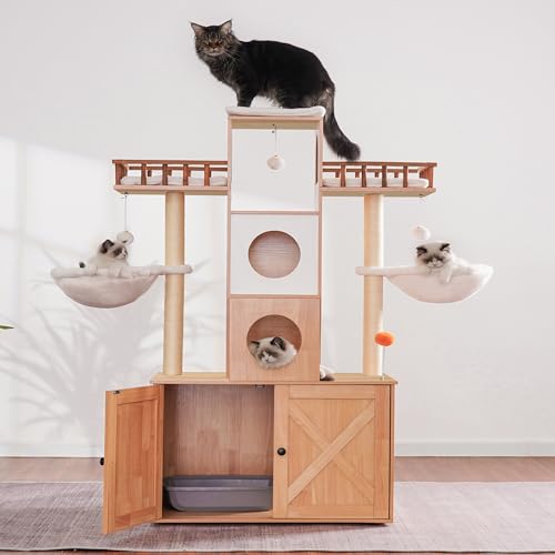 Heybly Cat Tree with Litter Box Enclosure for Indoor Big Cat, Cat Tower for Large Cats 20lbs Heavy Duty, Modern Cat Condo Furniture with Scratching Posts, Walnut HCT110WB - color: Walnut