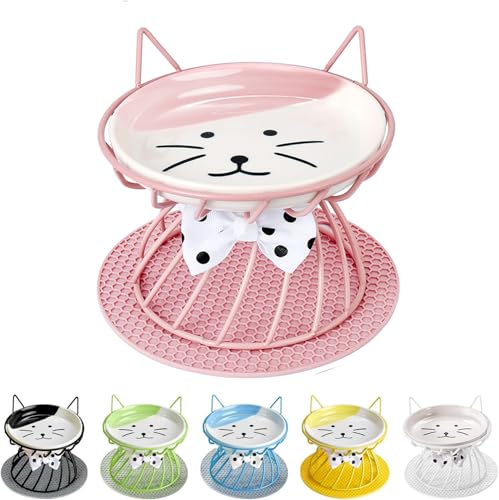 Raised Pet Food and Water Bowl, Cat and Small Dog Bowl, Tilted Ceramic Cat Water Bowl No Spill,15oz, Dishwasher Safe - color: Pink