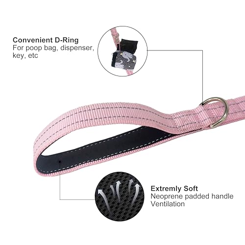 Dual Padded Handle Standard Dog Leashes with Reflective Stitching,360° Rotatable Heavy Duty Metal Buckle,D-Ring,Durable Nylon,for Medium Sized Dogs from 20 to 60 Pounds Walking and Training Pink 5Ft - color: Pink, size: 5Ft