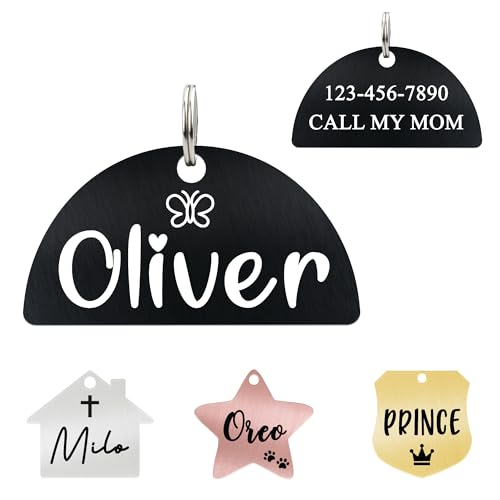 Ultra Joys Personalized Cat Collar Name Tag Small Pet ID Tags for Cats - Customized Mini Cute Dog Cat ID Tag - Bothside Engravable Lightweight Durable Stainless Steel - Semi Circle Tag in Black - color: Semi Circle-black