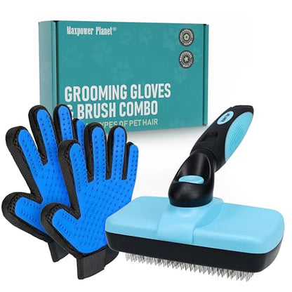 Maxpower Planet Pet Grooming Brush - Double Sided Shedding and Dematting Undercoat Rake Comb for Dogs and Cats,Extra Wide (C1 - Brush & Gloves, Large) - color: C1 - Brush & Gloves, size: Large
