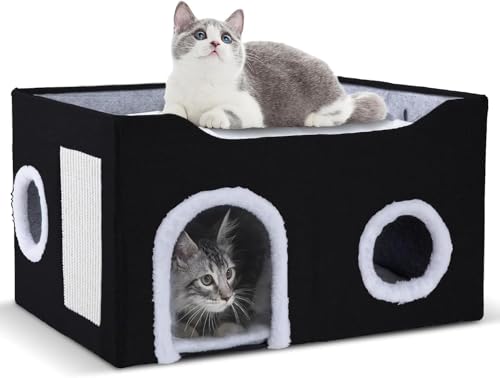 Cat House for Indoor Cats – Foldable Cat Cave & Covered Cat Bed, Cozy Hideaway for Small Pets and Large Cats (23.6"x16"x12.8"),Black - style: Black