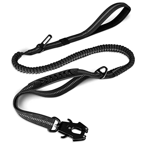 Joytale Tactical Dog Leash Heavy Duty, 4-6FT Shock Absorbing Bungee Lead with 2 Padded Handle, Metal Carabiner Clip, Car Seatbelt, Strong No Pull Leash for Medium Large X-Large Dogs, Black - color: Black
